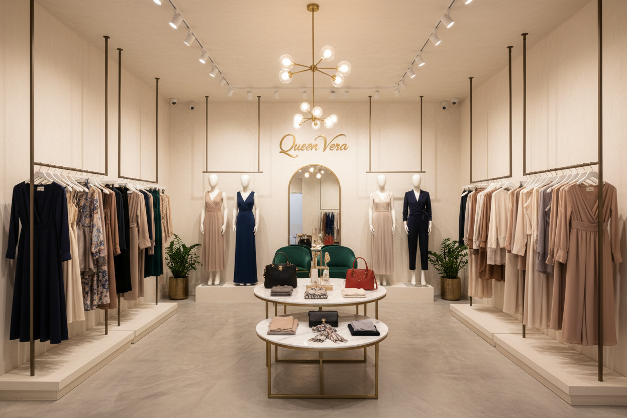 generate a photo as a shop for queen vera store, like a shop with some women clothing, and must be the same colours as my brand